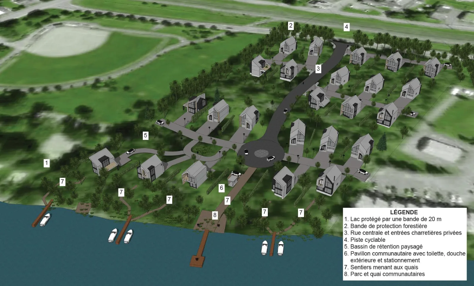 Vue d'ensemble de l'écoquartier Pignons-sur-lac en été